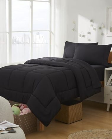 Dorm Room Essentials College Bedding Comforter Set 5 Piece Twin Size Bed in a Bag for College Students Boys and Girls, Twin, Black