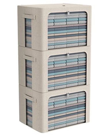CYhom 3Pack Foldable Storage Bins - Frame Storage Box Linen Fabric Stackable Clothes Container Organizer with Clear Window & Carry Handles Large Capacity (Large-66L, Beige)