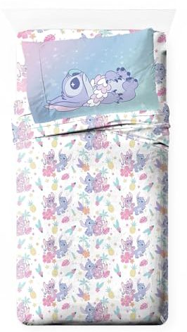 Jay Franco Kids Sheet Cartoon Set with Fitted, Flat Sheets & Pillow Cover - Ultra-Soft Bedding with Pillowcase for Room Decor, White - Lilo & Stitch 01, 3 Piece Twin
