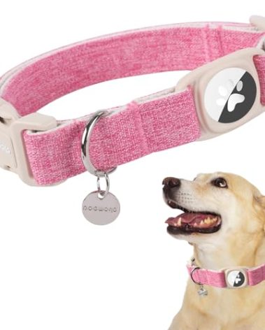 DOGWONG Airtag Cotton Hemp Dog Collar, Heavy-Duty Dog Collar with Airtag Holder Pink Natural Fabric Pet Collars for Small Medium Large Dogs