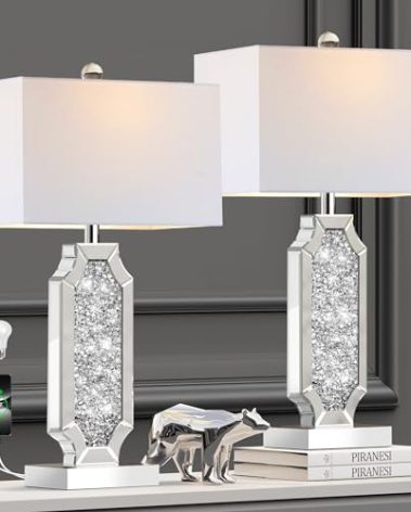 Hamucd 3-Way Dimmable Touch Diamond Crushed Mirrored Bedside Table Lamps Set of 2 for Living Room with USB A+C Ports,Tall Silver Modern Bling Nightstands Lamps for Bedroom with 2 Bulbs (Silver)