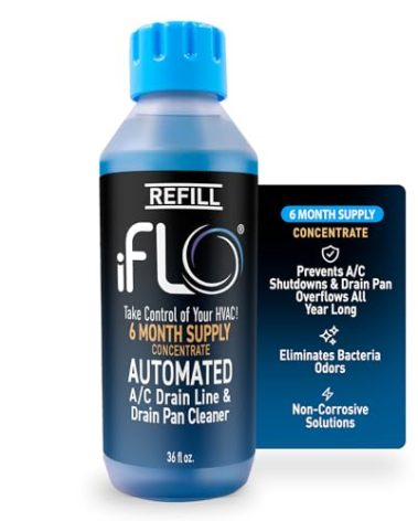 iFLO® Smart A/C Drain Line Cleaner and Drain Pan Cleaner Cartridge Concentrate, Fast-Acting, Long-Lasting HVAC System Solution for Tough Clogs & Buildup, 6-Month Supply per Bottle, 1 Pack of 36oz