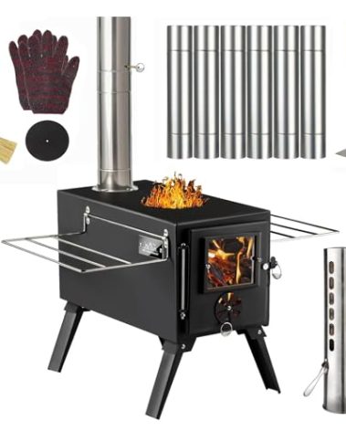 Hot Tent Stove,AVOFOREST Wood Burning Stove,Small Wood Stove with 7 Stainless Chimney Pipes for Outdoor Heating & Cooking, Ice Fishing, Hunting