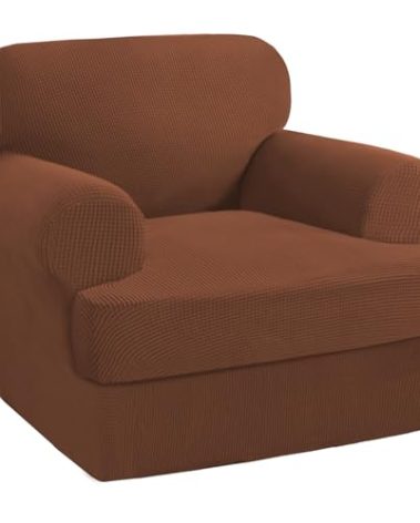 PrinceDeco 2 Pieces Armchair Slipcover Stretch Couch Covers for T Cushion Chair Slipcovers Soft Arm Chiar Cover Furniture Covers with 1 Individual T Shape Seat Covers Width Up to 40",Caramel