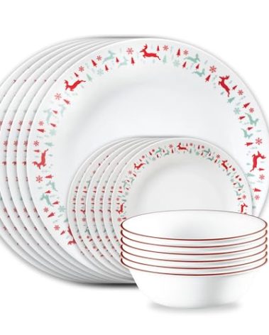 Corelle Vitrelle 18-Piece Christmas Service for 6 Dinnerware Set, Triple Layer Glass and Chip Resistant, Lightweight Round Holiday Plates and Bowls Set, Be Merry