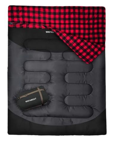 WKFAMOUT Cotton Flannel Double Sleeping Bag for Adults Machine Washable 2 Person Camping Sleeping Bag Queen Size Waterproof with Compression Sack for Cold Weather 3-4 Seasons