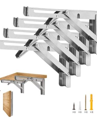 Folding Shelf Brackets, 12 Inch 4 Pcs Heavy Duty Wall Mounted Collapsible Triangle Shelf Bracket for Folding Wall Table, DIY Folding Countertop, Barbecue, Silver