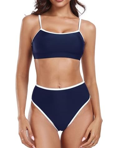 Colloyes Women's High Waisted Bikini Sets Color Block Swimsuits Scoop Neck Two Piece Bathing Suits Navy Blue Size Medium