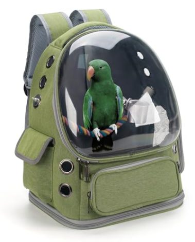 Kreachur Bird Backpack Carrier Travel Cage with Perch, Tray and Breathable Clear Window, Bird Travel Cage for Cockatiel Caique Conure Quaker, for Vetting Camping Hiking (Green)
