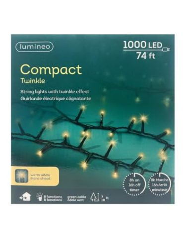 Lumineo 1000 LED Warm White Christmas Compact Lights Set, Green Wire 74 Feet