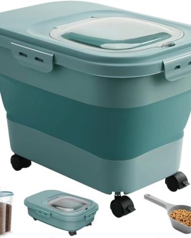 ANVS 20Lbs Dog Food Storage Container Collapsible Dog Food Container with Airtight Lids,Wheels, Scoop and 2.5L Small Pet Food Storage Container Dry Food For Dog, Cat and Other Pet Food (Sap Green)