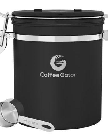 Coffee Gator Coffee Canister, Airtight Stainless Steel Kitchen Food Storage Container with Date Tracker, Scoop for Sugar, Grounds Coffee, Beans,Tea, Sugar, Cereal, Flour, Cookies Jars (Black, 16oz)