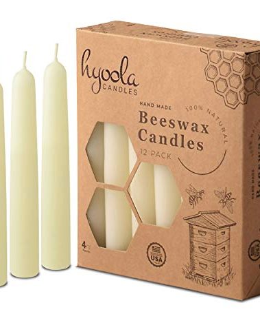 Hyoola 4" Beeswax Taper Candles 12 Pack - Handmade, All Natural, 100% Pure Unscented Bee Wax Candle - Tall, Decorative, White 4 Hour Burn Time