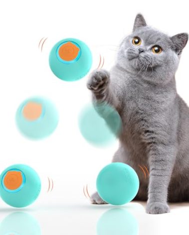 ROJECO Interactive Smart Ball Cat Toy with 3 Interactive Modes & LED Lights,Automatic Cat Rolling Toys for Indoor Cats Kitten,Smart Cats Toy Self Rotating Ball Birthday Gift (Cyan)