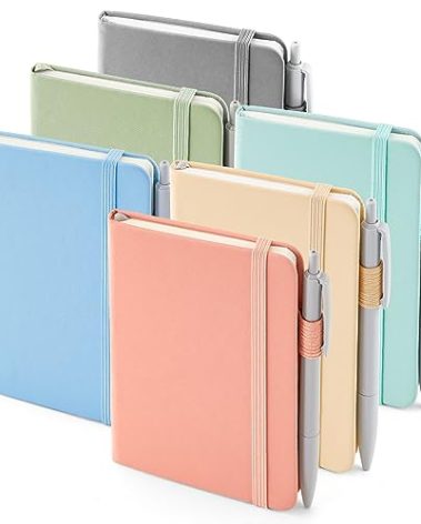 feela 6 Pack Pocket Small Notebooks Bulk, Mini Cute Memo Notepads Hardcover College Ruled Lined Journals with Pen Holder for Women Girls Office School, with 6 Black Pens, 3.5”x 5.5”, A6, Mild Colors