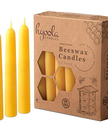 Hyoola 4 Inch Beeswax Taper Candles 12 Pack - Handmade, All Natural, 100% Pure Unscented Bee Wax Candle - Tall, Decorative, Golden Yellow - 4 Hour Burn Time