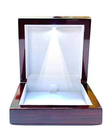 Necklace Box with LED Light – Small Jewelry Display Case for Bracelet, Earrings, or Chains – Luxury Lighted Wooden Presentation Box for Gifts, DIY Crafts, Mahogany, White Interior