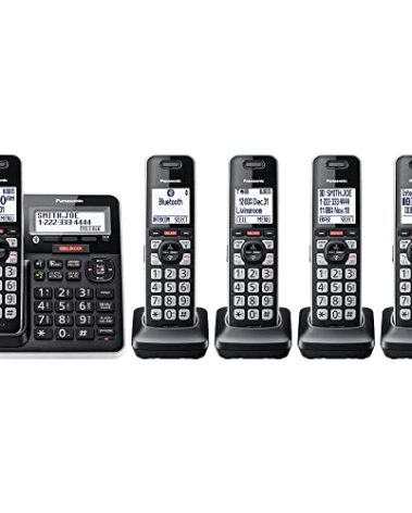 Panasonic Cordless Phone with Advanced Call Block, Link2Cell Bluetooth, One-Ring Scam Alert, and 2-Way Recording, Cordless Phone with Answering Machine, 5 Handsets - KX-TGF975B (Black/Silver Trim)