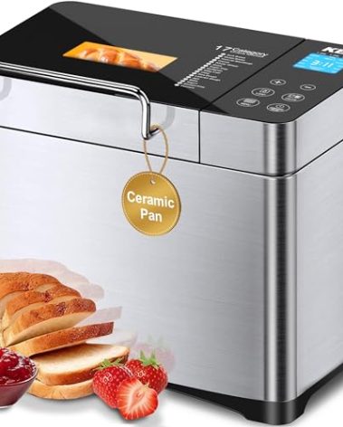 KBS Pro 710W Bread Maker, 2LB 17-in-1 Automatic Bread Machine with Healthy Ceramic Pan, Nut Dispenser, Tempered Glass Touch Panel, Stainless Steel Housing,3 Crust Colors, 15H Timer&Keep-Warm, Recipe