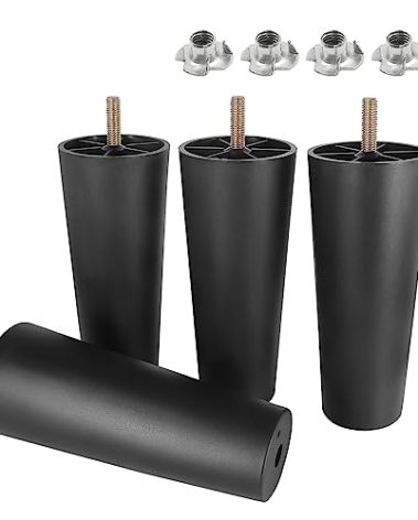 Masendelk M8-1.25 Metric Thread Bolts Plastic Furniture Legs 6 Inch Black Round Tapered Sofa Feet with T-Nuts - Couch Feet Replacement - Couch Legs Set of 4