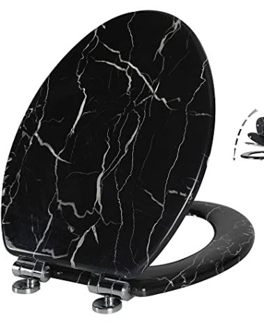 Angel Shield Marble Toilet Seat Durable Molded Wood with Quiet Close,Easy Clean，Quick-Release Hinges (Elongated,Black Marble)