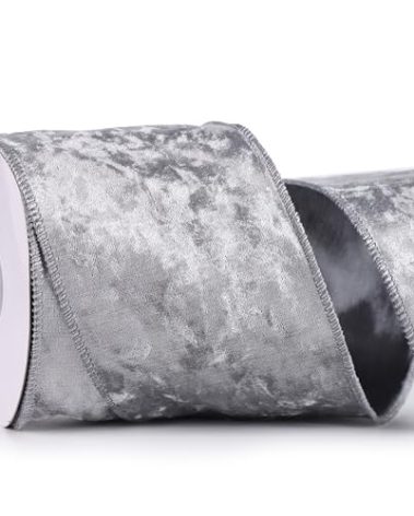 MAYREEL 4 Inch Silver Crushed Velvet Ribbon Wired Extra Wide for Christmas Decorations Gift Wrapping Wreaths Tree Toppers 10 Yards