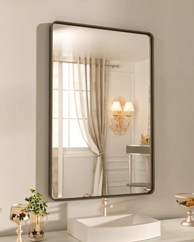 WEER 20x30 Inch Bronze Bathroom Mirror for Vanity, Brushed Bronze Metal Frame Mirror for Wall, Rounded Rectangle Bronze Frame Mirror with Tempered Glass, Anti-Rust (Horizontal/Vertical)