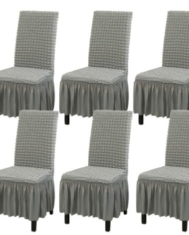 Rakila Stretch Washable Chair Covers for Dining Room Set of 6 Removable Chair Covers with Skirt Kitchen Chair Protector Cover (Light Gray, 6 Pack)
