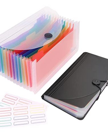 Uquelic 2 Pack Accordion File Folder - 13 Pockets Expanding Coupons Storage/Rainbow Large Capacity Bill Organizer for Desk with Label, Receipt Organizer for Business (Black&Clear)