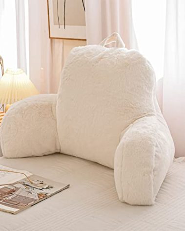A Nice Night Faux Fur Reading Pillow Bed Wedge Large Adult Children Backrest with Arms Back Support for Sitting Up in Bed/Couch for Bedrest,Ivory