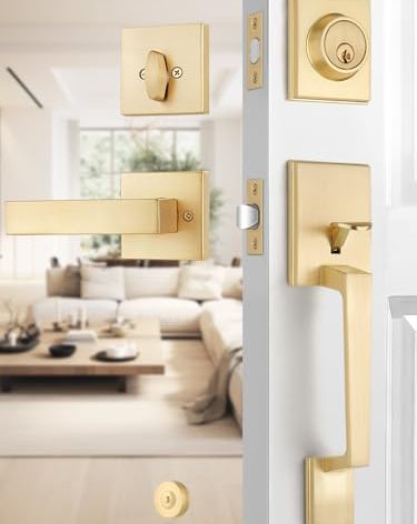 1 Set Entry Door Handle and Single Cylinder Deadbolt Lock and Key, Brass Front Door Lock - Heavy Duty Square Locking Lever Set - Exterior Door Handle in Satin Brass Finish