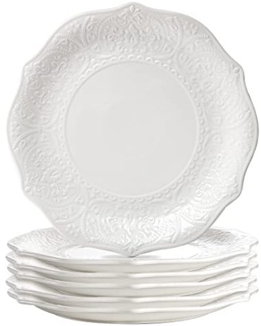 SOUJOY Set of 6 Porcelain Dinner Plate, 10.5'' White Dinner Dish, Embossed Printing Dinnerware Plate for Dinner, Restaurant, Family Party and Kitchen, Microwave, Dishwasher Safe
