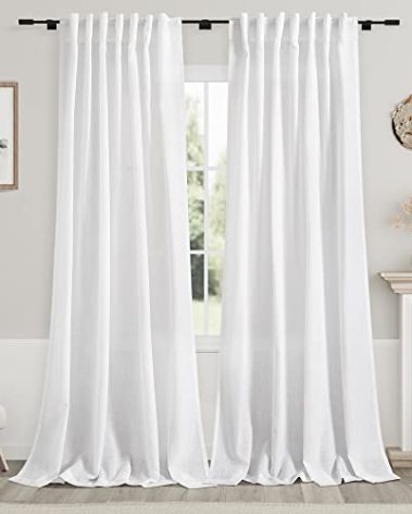 Solid White Curtains 96 Inches Long 2 Panels Back Tab Sheer Linen Curtain Modern Farmhouse Coastal Decor Off White Cotton Textured Curtains 96 inch Length for Patio Sliding Door Office Bedroom