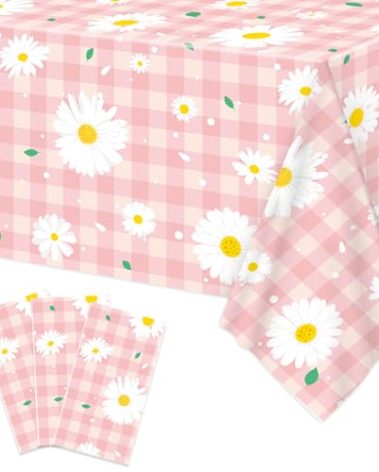 Lianxuia 3pcs Daisy Plastic Tablecloth, 54x108 inch Spring Daisy Theme Table Cover, Pink Plaid Flower Tablecloth for Spring Floral Party, Baby Shower, Daisy Birthday Party Decorations