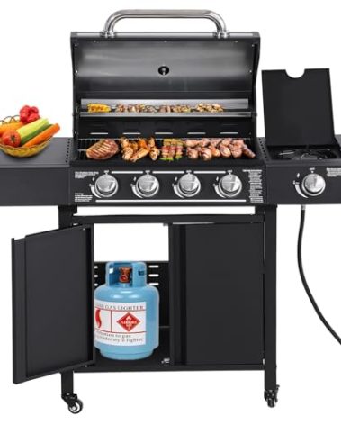 MAIBH 4-Burner Propane Gas BBQ Grill High-Strength Cast Iron with Side Burner, Portable 50,000 BTU Barbecue Grills with 4 Wheels and 449 SQ.IN. Cook Area for Outdoor Cooking and Backyard BBQ (Black)
