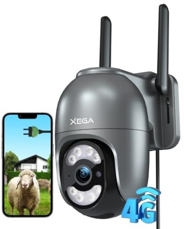 Xega 4G Security Camera Outdoor with SIM Card【Plug in】 Wired No WiFi Camera, 24/7 Recording PTZ Auto Tracking Human Detection Spotlight Siren Alert, Unlimited Data Plan, Only Support The Built-in SIM
