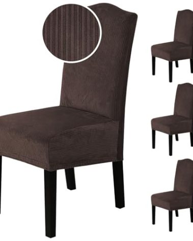 H.VERSAILTEX Velvet Dining Chair Covers Stretch Chair Covers for Dining Room Set of 4 Parson Chair Slipcovers Chair Protectors Covers Dining, Soft Thick Solid Velvet Fabric Washable, Brown Striped
