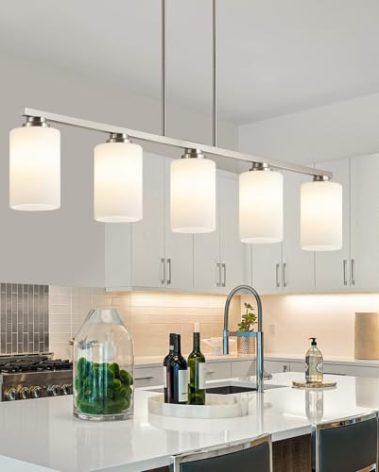 Mecgirn Island Light for Kitchen, Brushed Nickel Dining Room Light Fixture Over Table with Milk Glass Shade, 5-Light Linear Chandelier Pendant Lighting for Dining Table Kitchen Island Living Room