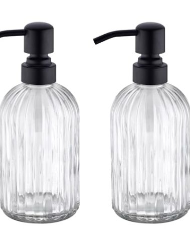 Leetcp Matte Black Dish Kitchen Soap Dispenser, Bathroom Liquid Soap Dispenser with Rustproof Stainless Steel Pump, 16 Oz Glass Bottle,2 Packs