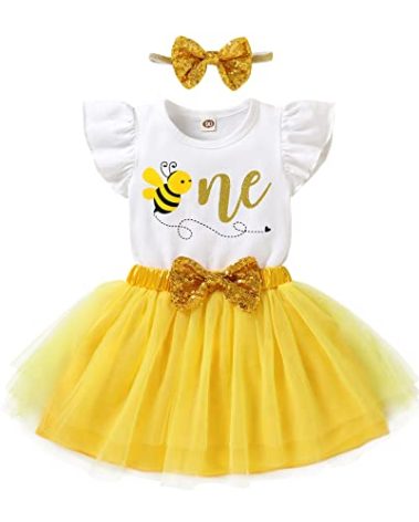 HAPPYMA Baby Girls One 1st Birthday Outfit Bee Romper Tulle Tutu Skirt Sequin Bow Party Clothes Set White Yellow 12-18 Months
