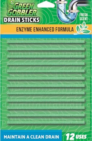 Green Gobbler Drain Cleaner and Deodorizer Sticks with Enzymes - Maintain a Clean Drain, Safe for Pipes and Septic Tanks, Use Monthly - 12 Pack