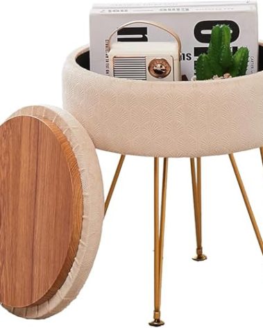 Cpintltr Modern Velvet Foot Rest Stool Upholstered Round Storage Ottomans Multipurpose Dressing Stools Luxury Home Decor Ottoman Coffee Table Top Cover Footstool with Metal Legs for Couch Beige