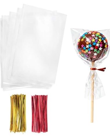 Morepack Cello Cellophane Treat Bags,200 PCS 3x5 Inches Clear Cake Pop Lollipop Bags with Twist Ties