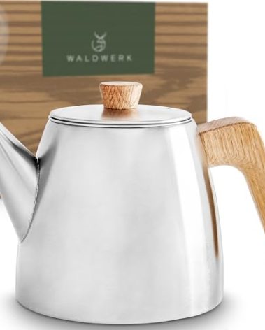 WALDWERK Tea Pot with Infuser - Double Wall Stainless Steel Teapot - Tea Pot with Infuser for Loose Tea - Made from 304 Stainless Steel and Oak Wood - Isolated Teapot with Strainer - 100% Drip Free