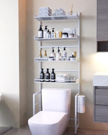 Tokokimo Over The Toilet Storage Shelf，4 Tier Over Toilet Bathroom Organizer with Adjustable Shelf Waterproof Feet Pad and Basket, Freestanding Bathroom Shelves Above Toilet Space Saver, White