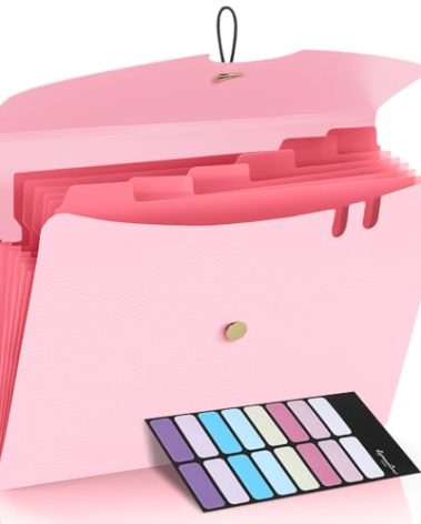 Sooez 7 Pocket Expanding File Folder, Premium Accordion File Organizer, Letter Size Folders for Documents, Sleek Filing Folders with Bungee Closure, Portable Folders for School Office Supplies, Pink