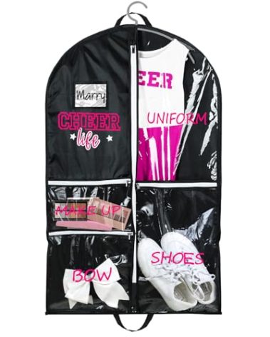 Blushtier Cheer Garment Bags for Cheerleading Uniform Waterproof Hanging Garment Bags for Dance Costumes 40 Inch Clothes Bag with 5 Pockets and Side Zip Travel Storage Cheer Uniform(Black,Rose Red)