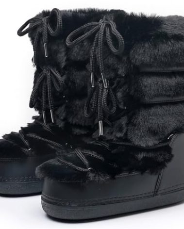 ZHENAIYISHENG Furry Faux Fur Boots for Women - Fuzzy Winter Snow Boots - Fluffy Black White Pink Lace-up Water-Resistant Platform Mid-Calf Boots(black, 8, 9)