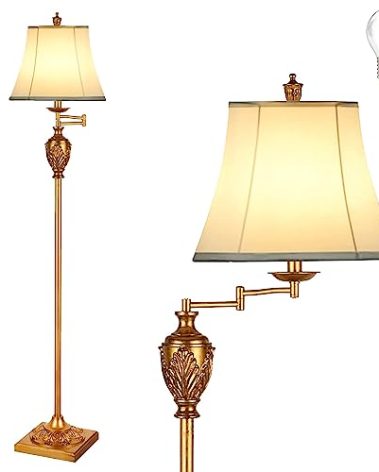 Traditional LED Floor Lamp with 350° Adjustable – Vintage Pole lamp Swing arm for Living Room, Bedroom and Office – Rustic Upright Floor Light for Home Décor with Faux Silk Fabric Shade