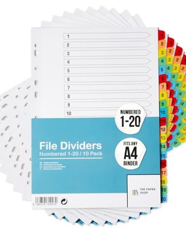 Binder Dividers with Tabs 1-20 Numbered – A4 (10 Pack) | Dividers for 3 Ring Binder | Numbered Tab Dividers for Office, School & Home Organization - The Paper Shop